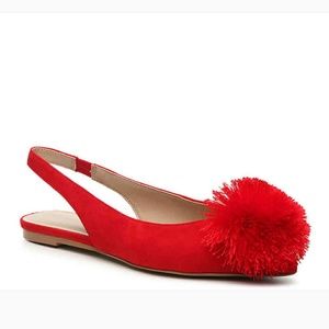 Red Suede Sling Back Pom Pom Flats
